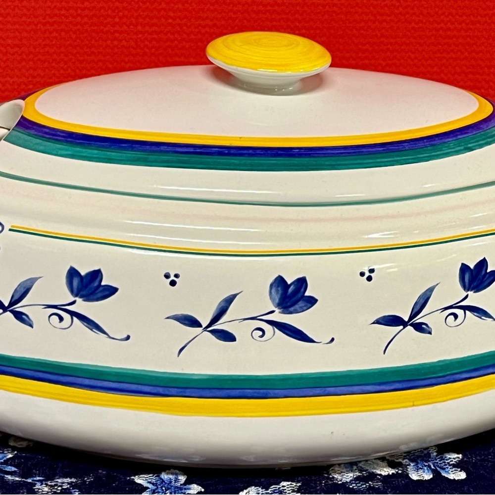 Studio Nova White Blue Yellow Trim Ceramic Soup Tureen with Floral Design